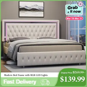 [Spring Sale] AMERLIFE Modern Bed Frame with RGB LED Lights, Adjustable Headboard Velvet Button Tufted/Acrylic Mirror Accents/Smart APP&Remote Control/No Box Spring Needed/Furniture Room/Full/Queen Size/Best Gift Ideas/Christmas Gifts