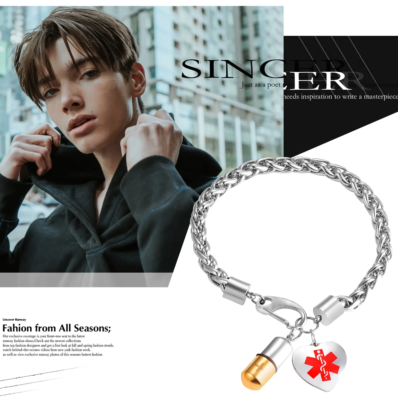 OIDEA Engravable Medical Alert ID Bracelet - 7.87 inch Free Engraving Stainless Steel, Heart Charm Pill Locket, Life-Saving Emergency Awareness Jewelry, Birthday Gift for Women, Awareness Months, Caduceus Mark, Unisex Names, Bangle, Life-Saving Gift, Love