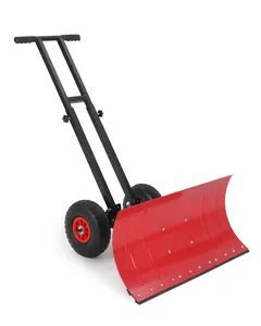 29x14.2 in Snow Shovel with 5-Position Angled Blade & Adjustable Handle,Heavy Duty Metal Snow Pusher Shovel with Wheels for Driveway,Doorway,Sidewalk,Pavement,Red