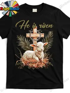 He Has Risen!Lamb, Cross, And Easter-Themed Christian T-Shirt Hir4529557 Featuring a Black Product Image.Available in a Similar Style for Both Men And Women, Perfect for Summer  with Short Sleeves And a Pure 220G Print