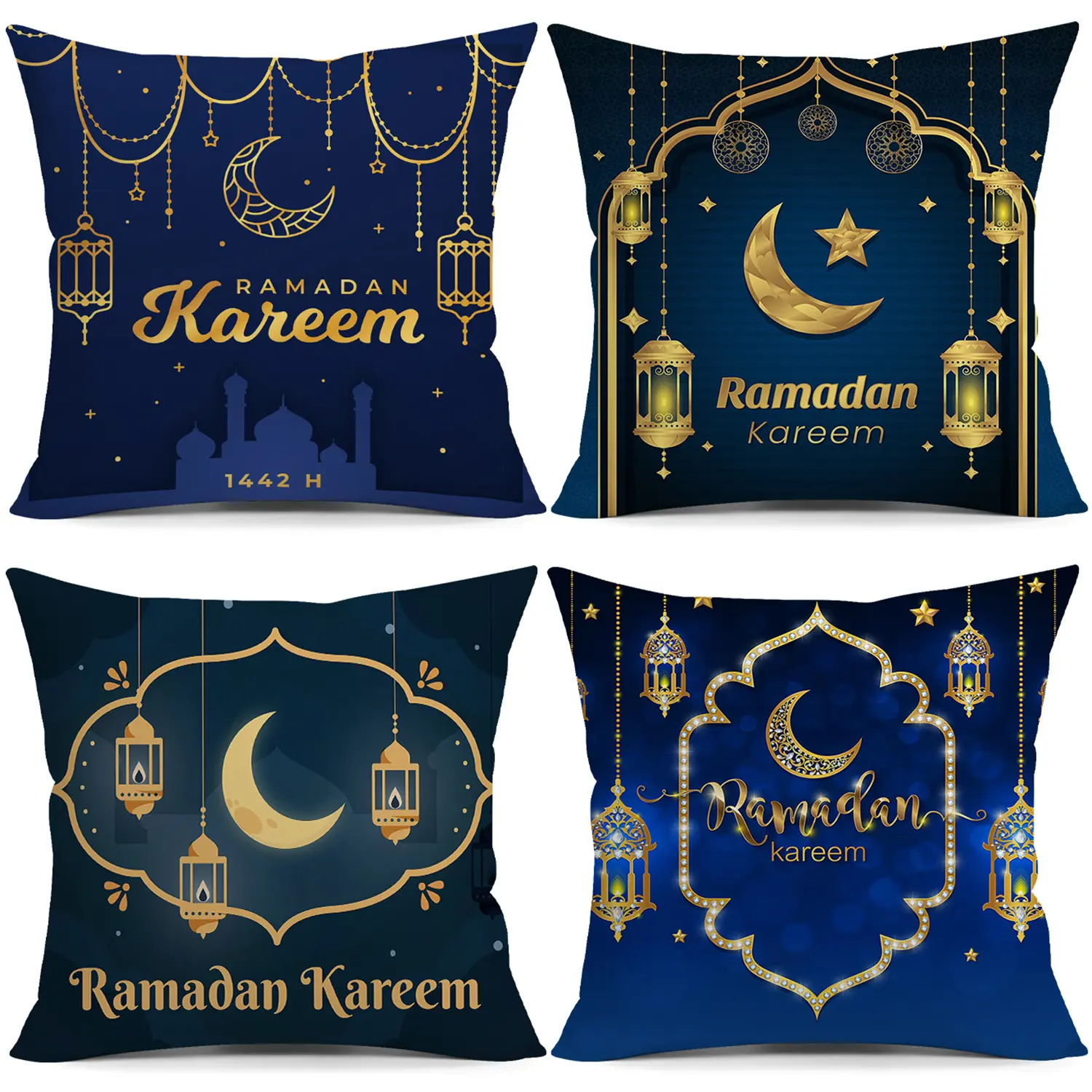 4pcs Ramadan Kareem Ramadan Throw Pillow Covers Blue Night Sky Stars Geometric Patterns Crescent Moon Fanous Ramadan