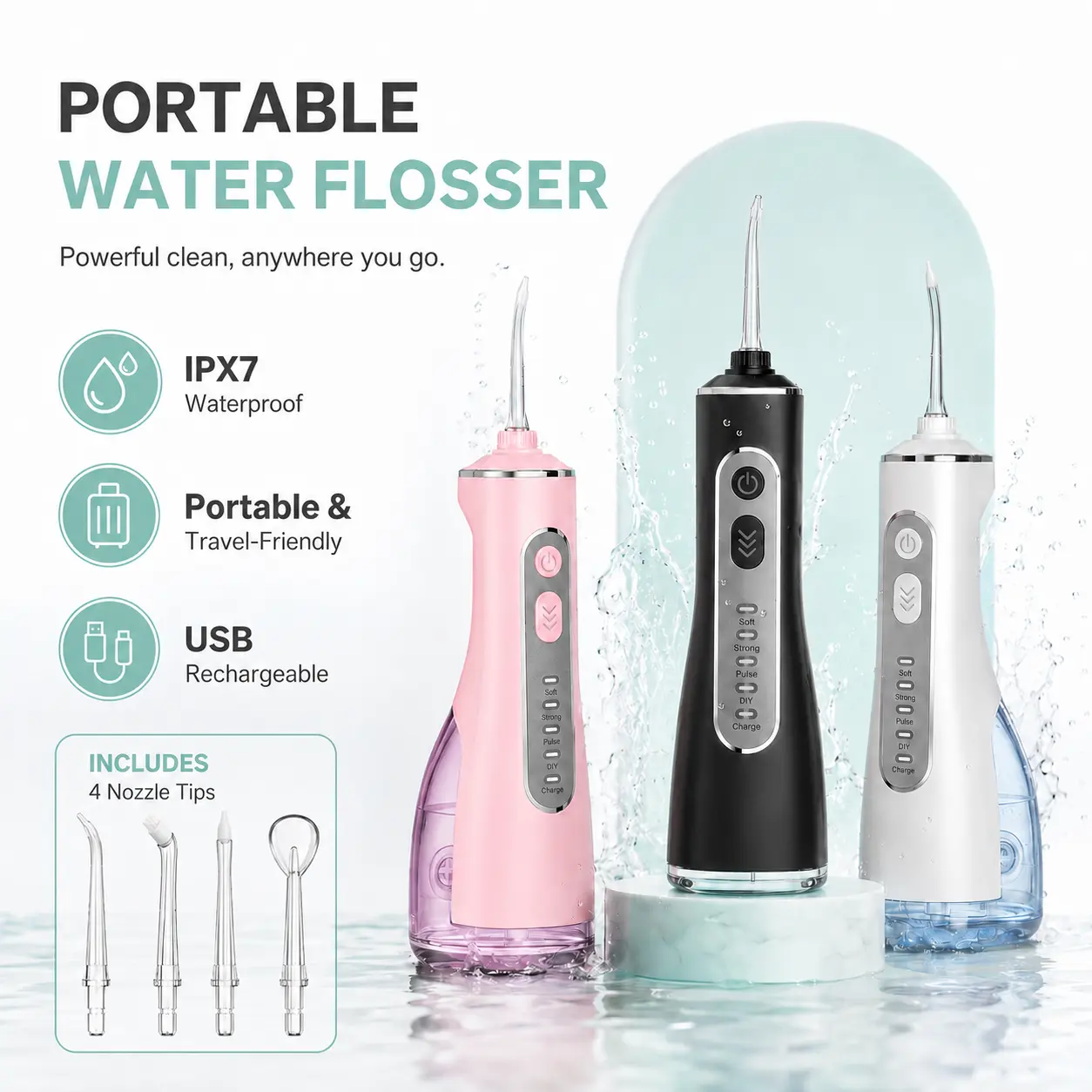 【300ML】Water Flosser for Teeth, Cordless Oral Irrigator with 4 Cleaning Modes & 4 Nozzles, IPX7 Waterproof, Deep Clean for Braces, Gums & Fresh Breath, Setting, Adjustable, Multiple Tips