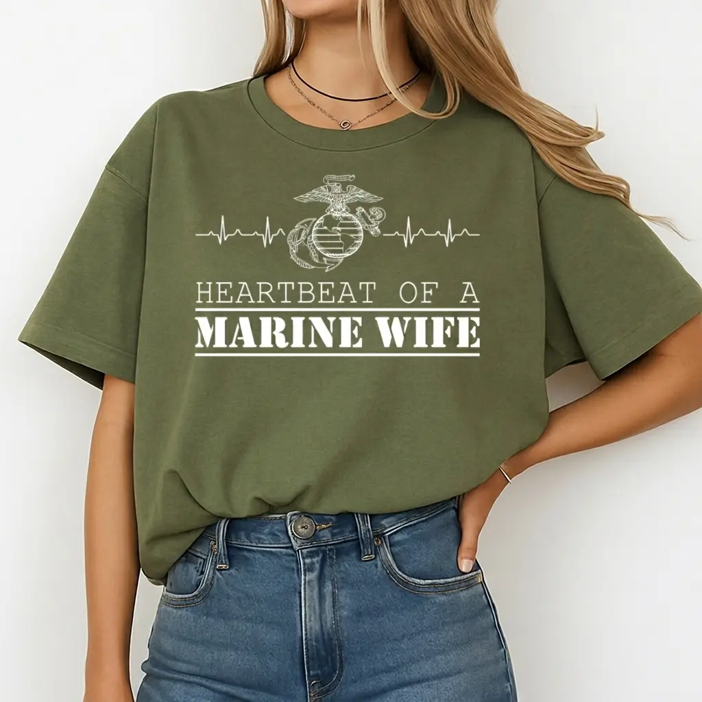 Marine Wife Heartbeat Shirt, Proud Military Spouse T-Shirt, Patriotic Military Family Graphic Tee