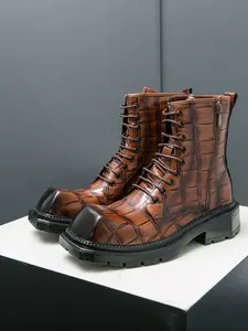 Men's Square Toe High Top Boots with Side Zipper and Laces, Fashion Classic Business Casual Men's Boots, 1 Pair