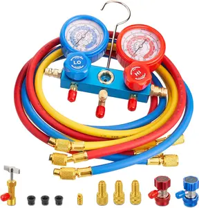HVAC Manifold Gauge Set for R22/R410a/R134a Refrigerant, 3 Way AC Refrigerant Mini Gauges Set with R22 R410a Safety Valves, 5FT Hoses, R134a Adapters