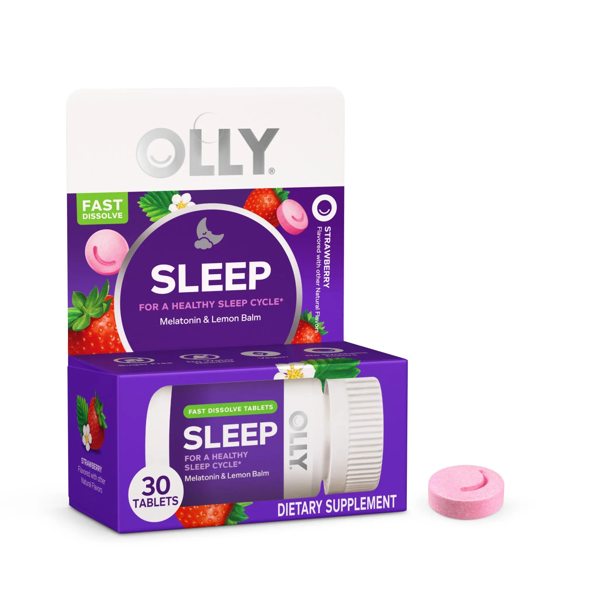 (A)OLLY Sleep Fast Dissolves – 3mg Melatonin Sleep Aid with Lemon Balm, Fast Dissolving Tablets, Strawberry Flavor, 30 Count