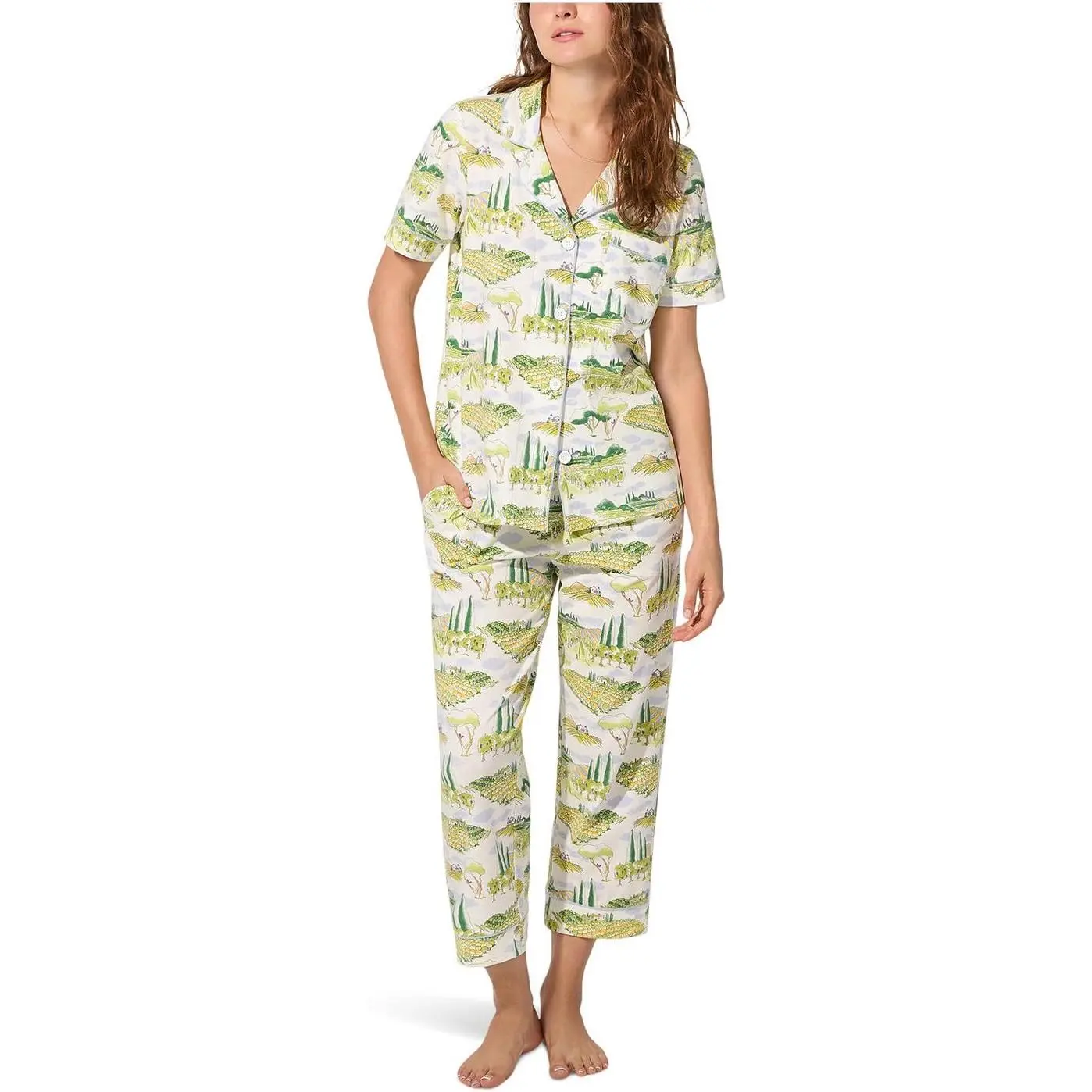 2025 Satin Wine Country Women s Pajama Set: Short Sleeve Notch Collar & Cropped Pants Sleepwear - Luxurious and Stylish Comfort