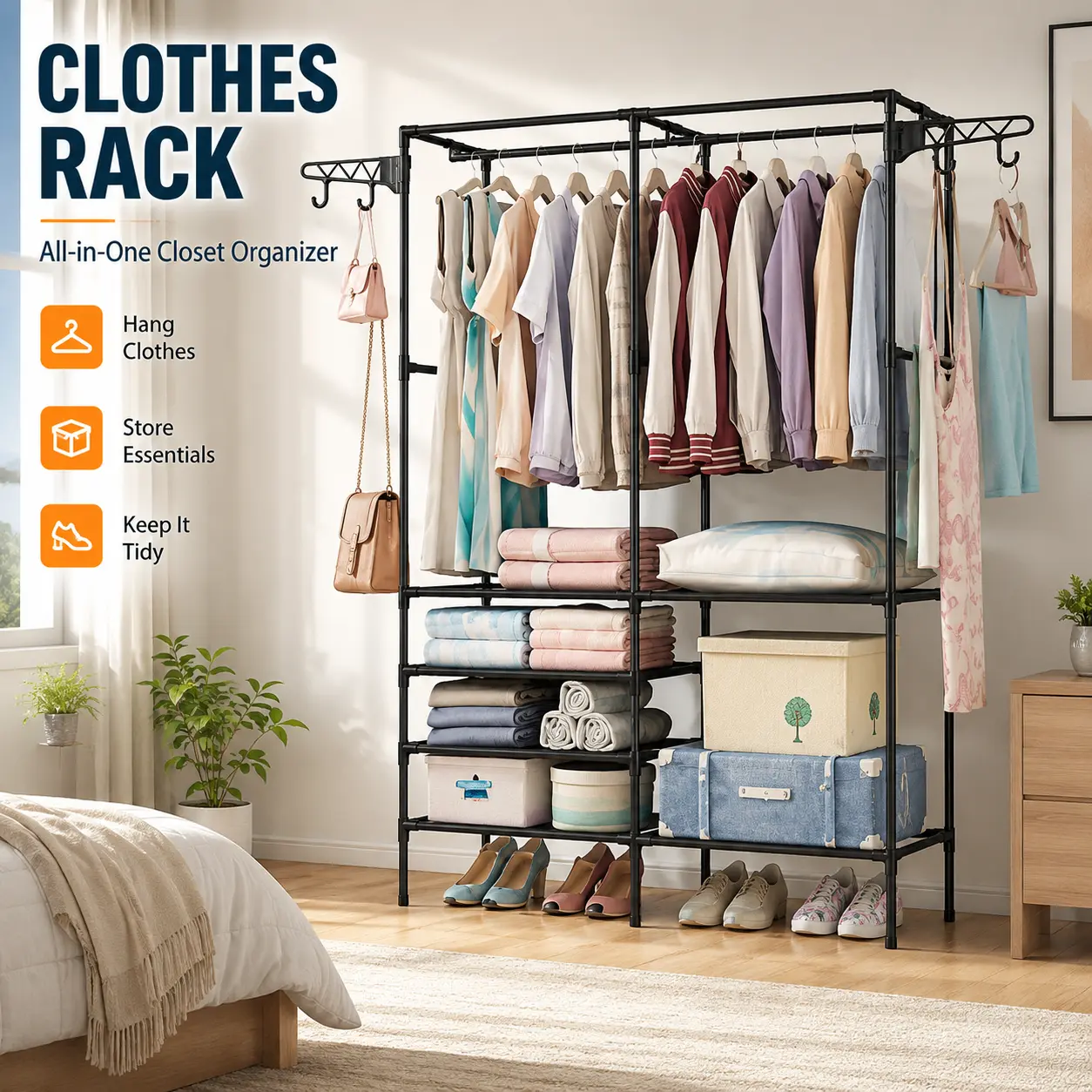 Heavy-Duty Garment Rack, Freestanding Multifunctional Iron Clothes Organizer with a 4-Tier Shoe Shelf, 2 Hangable Rods & Rotatable Hooks, Shoes, Side Hooks, Plastic, 33Lbs Per Rod, All-Round Storage Organization-3174, Rainy Days, Moisture-Proof, 5.45Lbs,,