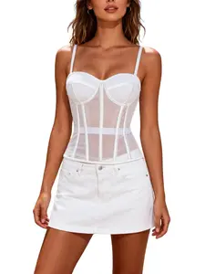 Women's Mesh Corset Top, Solid Color Sleeveless Summer Casual Wear, Comfortable Breathable Daily Clothing, Semi-Transparent Lace Bodysuit, Underwear