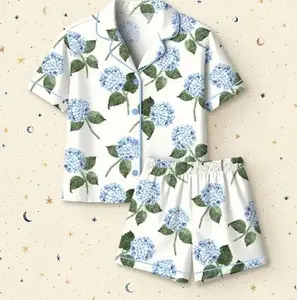 Hydrangea Bloom Pajamas Set, Flower Style Holiday Pajamas, Nightwear Set for Women, Button Down Pajamas, Gift for Her