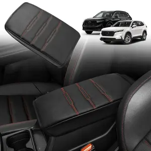 Dual-Fit Car Center Console Armrest Cover Lid Cushion Protector - Vegan Leather Extra Soft (Black/Orange Trim) for 2023+ 2025 2026 CR-V (Hybrid LX EX EX-L Sport Touring) & Frontier, PU Automotive Interior Accessory, Seat Protectors Cushion