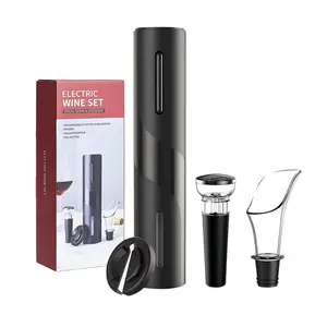 Electric Wine Opener Kit - Black 4-in-1 Set with Foil Cutter, Wine Aerator, Vacuum Stopper & Corkscrew - Cordless Automatic Wine Opener - Durable & Powerful - Perfect Birthday Gift