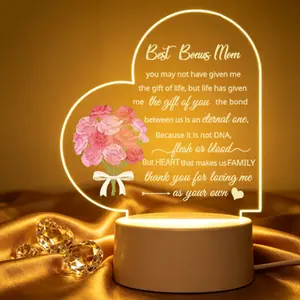 Heart-shaped acrylic night light for bonus mom, heartfelt step mom gift with warm quotes, cozy bedroom desktop decor for Mother's Day.