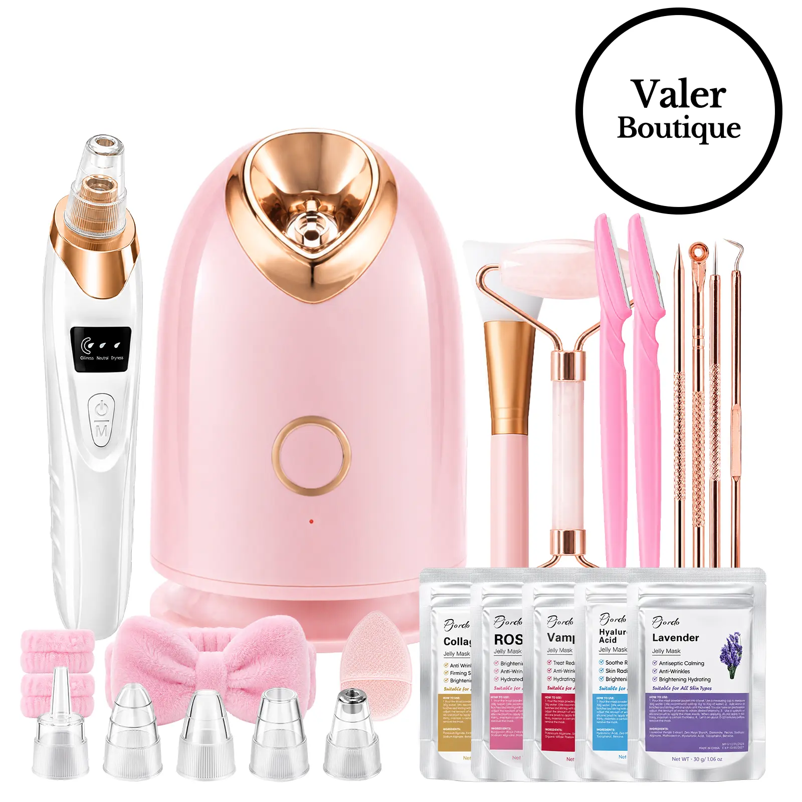 Pjordo 7-in-1 Nano Ionic Facial Steamer and Spa Kit for Deep Cleansing with Blackhead Remover Pore Brush in Pink Professional Home Use facial kit for girls  for her, Mother's Day's prefect gift