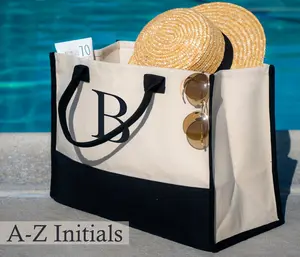 Personalized Monogram Embroidery Cotton Canvas Beach Tote Bag Initial Tote Bridesmaid Gift Tote Custom Beach Bag Gift for Her A-Z - Black