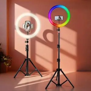 63 Inch Flexible Tripod Stand, 10 Inch Selfie Ring Light, RGB Adjustable LED Fill Light, Live Streaming Video Conference Lighting, Phone Accessories, Compact, Smartphone, Portable Selfie Light