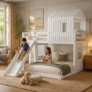 ARCH Solid Pine Twin Over Full Bunk Bed Frame with Farmhouse Look, Natural Grain, Farmhouse Loft Bed Features Playhouse, Ladder, Slide, Guardrails, White (OLD SKU: LT000028AAK) Curved Bunk Bed Loft Desk Bed