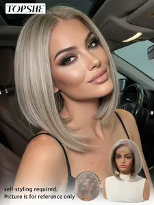 Topshe 13x6 Lace Front Wig, Straight Short Bob Hair, Straight Bob Wigs, Highlights, Daily Party Cosplay Valentine's Day Wear, Heat Resistant Fiber