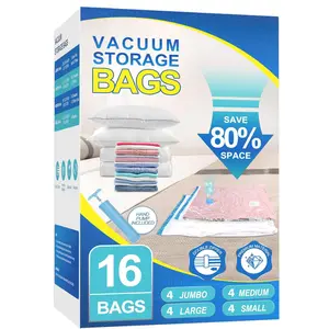 16 Pack Vacuum Storage Bags with Hand Pump, 4 Jumbo + 4 Large + 4 Medium + 4 Small Plastic Packaging Bags, 80% Space Saver Vacuum Seal Bags for Clothing, Travel Lugggage, Blankets, Comforters