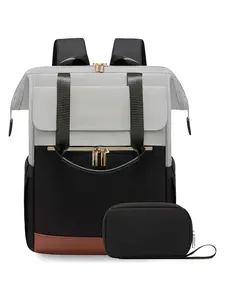 Women's Laptop Backpack with Storage Pouch, Waterproof Nylon School Bag, Elegant Colorblock Design, All-Season Travel & Leisure Backpack