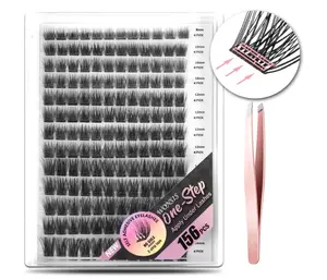 Self Adhesive Eyelashes, 156 Pcs Self Adhesive Eyelash Clusters, No Glue Needed, Invisible 2-Strip Tape - Longer Lasting, No Sticky Residue Pre Glued Eyelashes (Volume-Mixed)