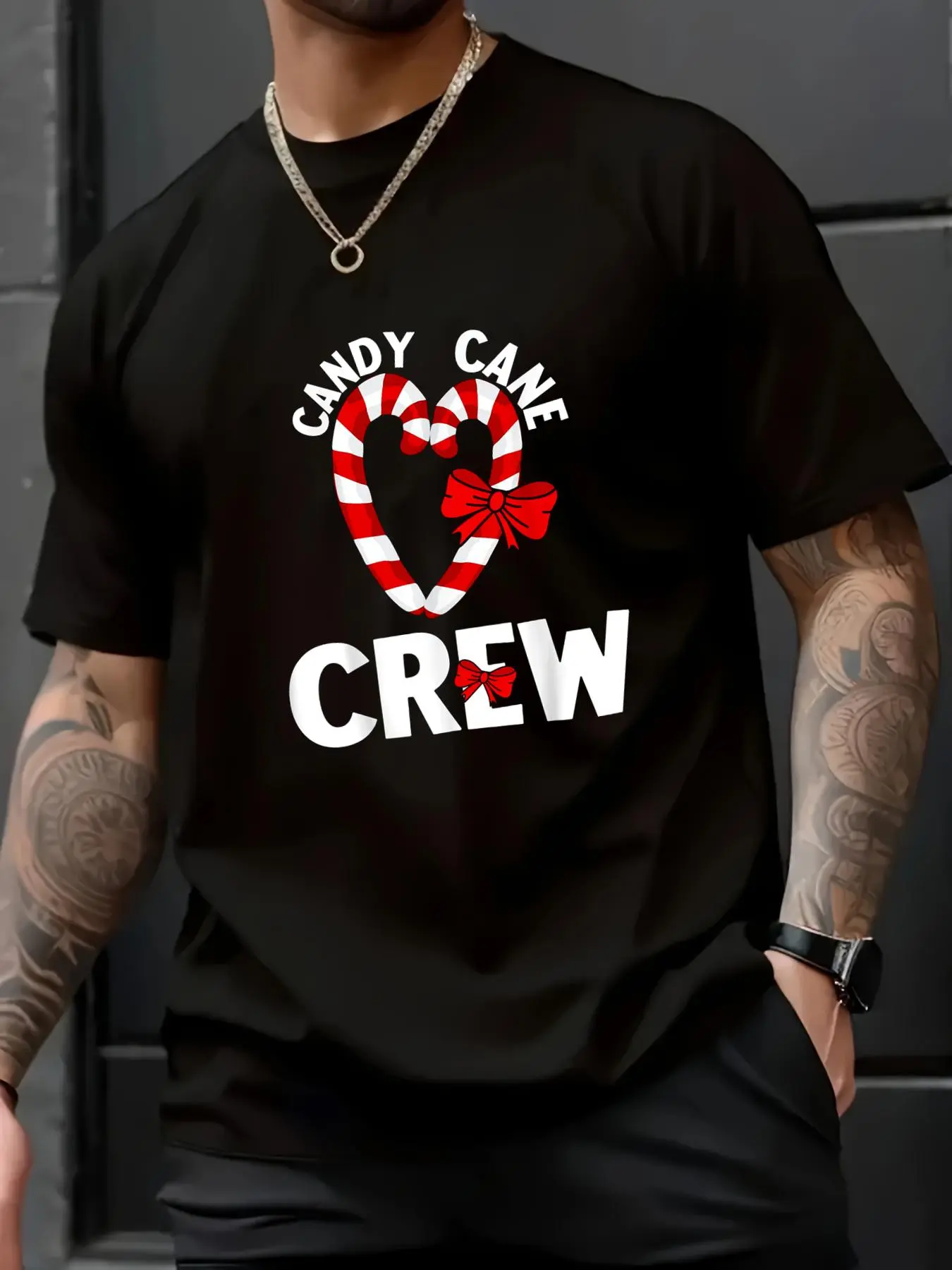 Men's Funny Christmas Crew Neck T-Shirt - 100% Cotton Candy Cane Graphic Top, Casual Loose Fit Short Sleeve, Machine Washable Menswear for Holiday Parties, Pair with Jeans, All Seasons, Cold Wash Safe, Avoid Ironing Prints