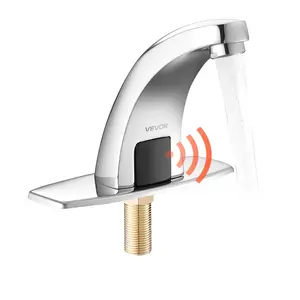 VEVOR Touchless Bathroom Sink Faucet, Automatic Motion Sensor Restroom Toilet Faucet Cold Water with Hole Cover Plate, Battery Operated for 9/16 in Pipe Commercial Lavatory,Chrome Plated Silver,G233M