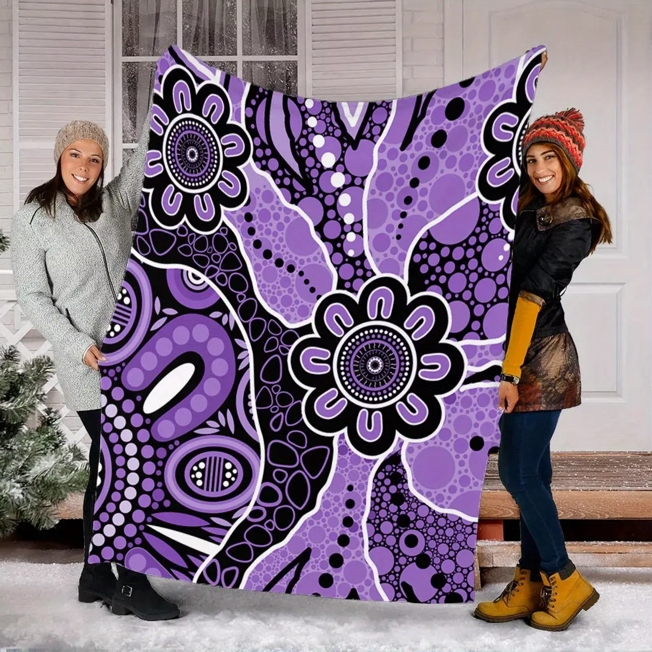 Indigenous Native Art Quilted Fabric Flannel Throw Blanket - Soft Home Textile, All Seasons, Multi-Color Purple & Black, Machine Washable, Gift for Sofa, Bed, Cultural Motifs