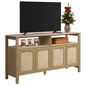 SICOTAS Rattan TV Stand for Television up to 65 Inch - 29.5" Tall Entertainment Center with Storage and Open Shelves,Boho Media TV Console Cabinet with 4-Doors and Adjustable Shelf for Living Room