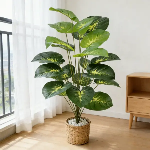 [12 leaves] EverGlow Artificial Dieffenbachia Plant - Fake Pothos Potted Greenery with Real-Touch Waterproof Silk, Decorative Fur Accent, Outdoors Home Garden Patio Decor Landscape Ornament tree indoor
