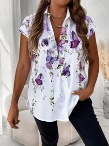 Plus Size Butterfly & Floral Print Boho Button Front Split Fitted Blouse, Shirt, Casual Batwing Sleeve Collared Top for Summer, Women's Clothes for Daily Wear, Quality and Durability