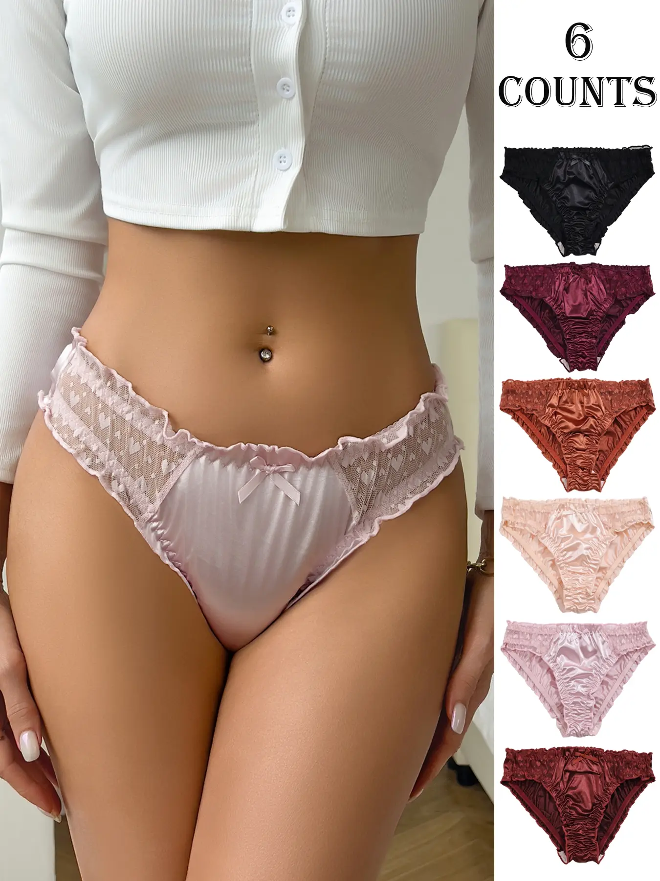 Women's Low Waist Lace Patchwork Folded Triangle Panties, Bow Glossy Fabric Comfortable Elegant Underwear, 6 Pcs Set, All Seasons
