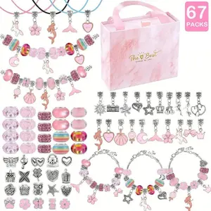 67-Piece DIY Charm Bracelet Beads Set, DIY Mix Beads, Bead Assortment, includes 60 bead accessories, 3 bracelets. Jewelry making kit with a portable jewelry box—creativity-inspiring. The perfect birthday gift for girls aged 6-10