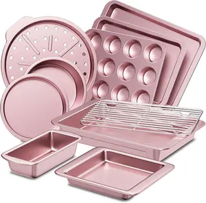 [BF&CM]HONGBAKE 10pc Bakeware Sets, Teflon-free Cookware Set, Non-Stick, Baking Pan Set, Cookie Sheets, Girly Kitchenware,Baker, Pink Kitchen Stuff Modern Cake