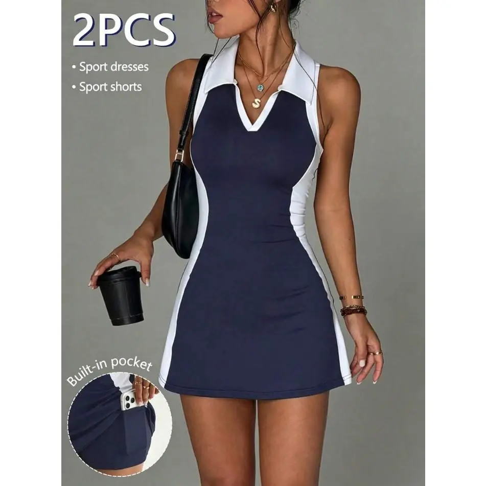 SLAYFIT Women's 2pcs Golf Polo Dress Set,Contrast Color Collar,Side Contrast Panels,Racerback,Tight Shorts With Pockets,Sports Dress For Tennis,Gym,Running