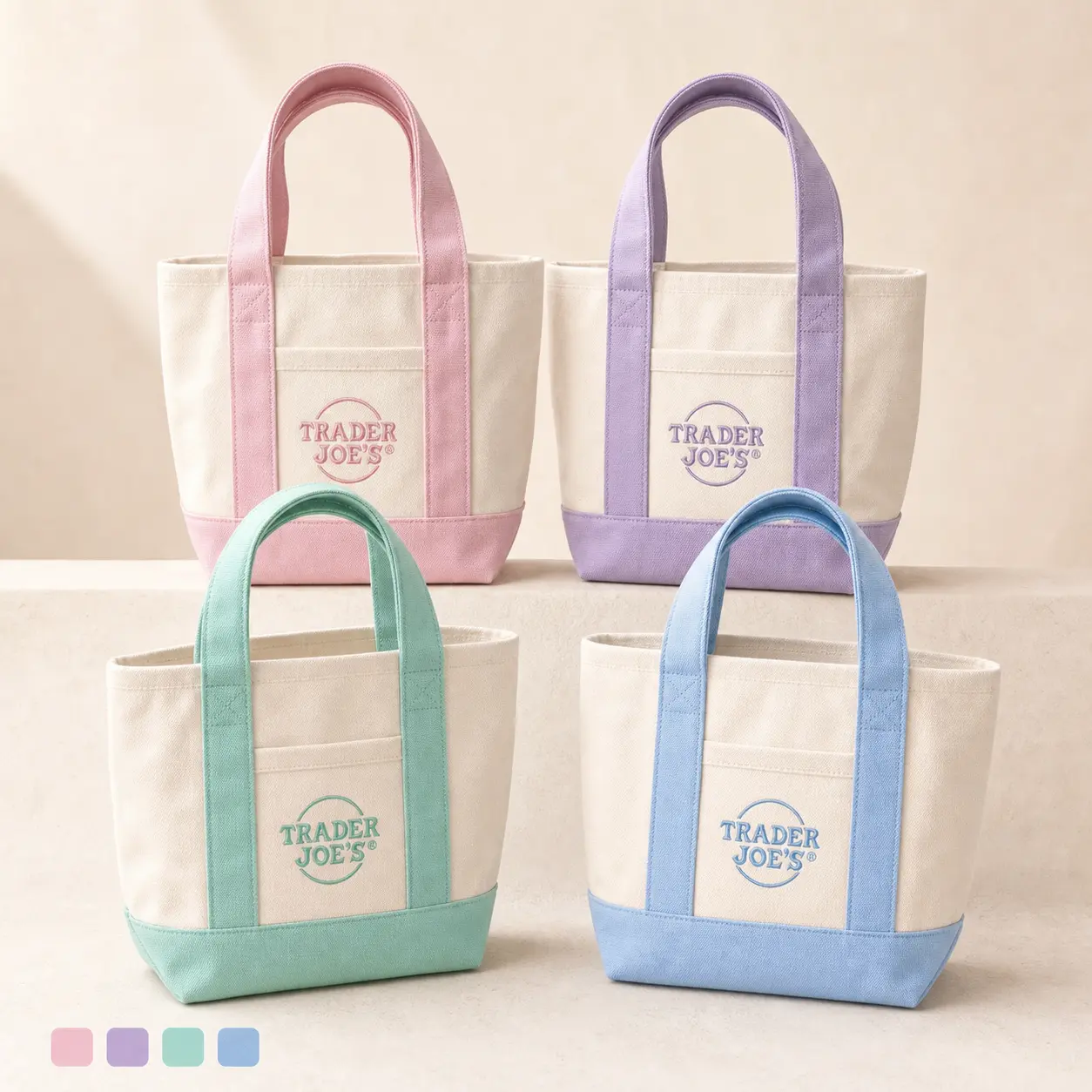 Women's 2-PACK Mini Canvas Tote Bags, 2026 Pastel Striped Heavy-Duty Cotton Reusable Bags with Front Pocket, Waterproof for Lunch, Daily Errands