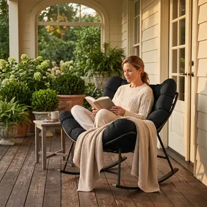 Oversized Papasan Rocking Chair - Contemporary Large Rattan Egg-Style Indoor/Outdoor Rocker with Thick Cushion, Patio Furniture Set, Outdoor Furniture Set, Large Rocking Chairs summergarden