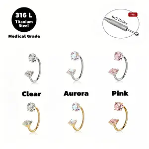Mother's day 6pcs Value Pack 316L medical-grade titanium steel 18G1.0mm Horseshoe Nose Hoop Internally Threaded GemsNose Ring with Free Ball Holder & Guiding Needle - Piercing Jewelry