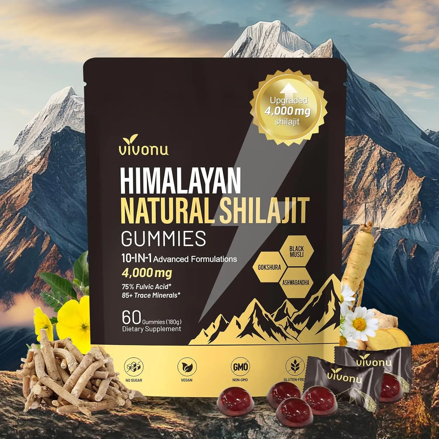 Pure Himalayan Shilajit Gummies, 4000mg High Potency 10-in-1 Formula with Ashwagandha, Fulvic Acid, 85 Trace Minerals, GMO-Free, Sugar-Free Vegan Daily Dietary Supplement for Men & Women, Energy
