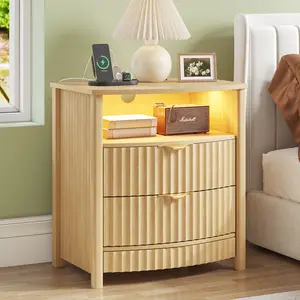 Dystler Fluted Night Stand with Hidden Gun Drawer & Card Lock, 19.7''W Bedside Table with Charging Station, Curved Nightstand with 3 LED Lights, Modern End Table for Bedroom