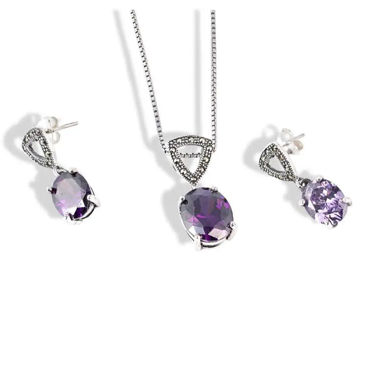 925 Sterling Silver Marcasite Purple Amethyst Jewelry Set Necklace Earrings 16” 18” Box Chain