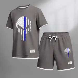 Men's American Flag Skull Print Waffle Fabric Short-Sleeved Shirt And Shorts Set