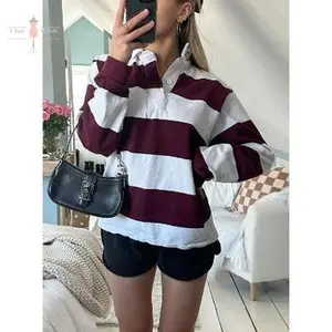 Women’s striped rugby shirt, Y2K long-sleeve oversized lapel sweatshirt with a retro collar, pullover streetwear, casual, blue, breathable, chic