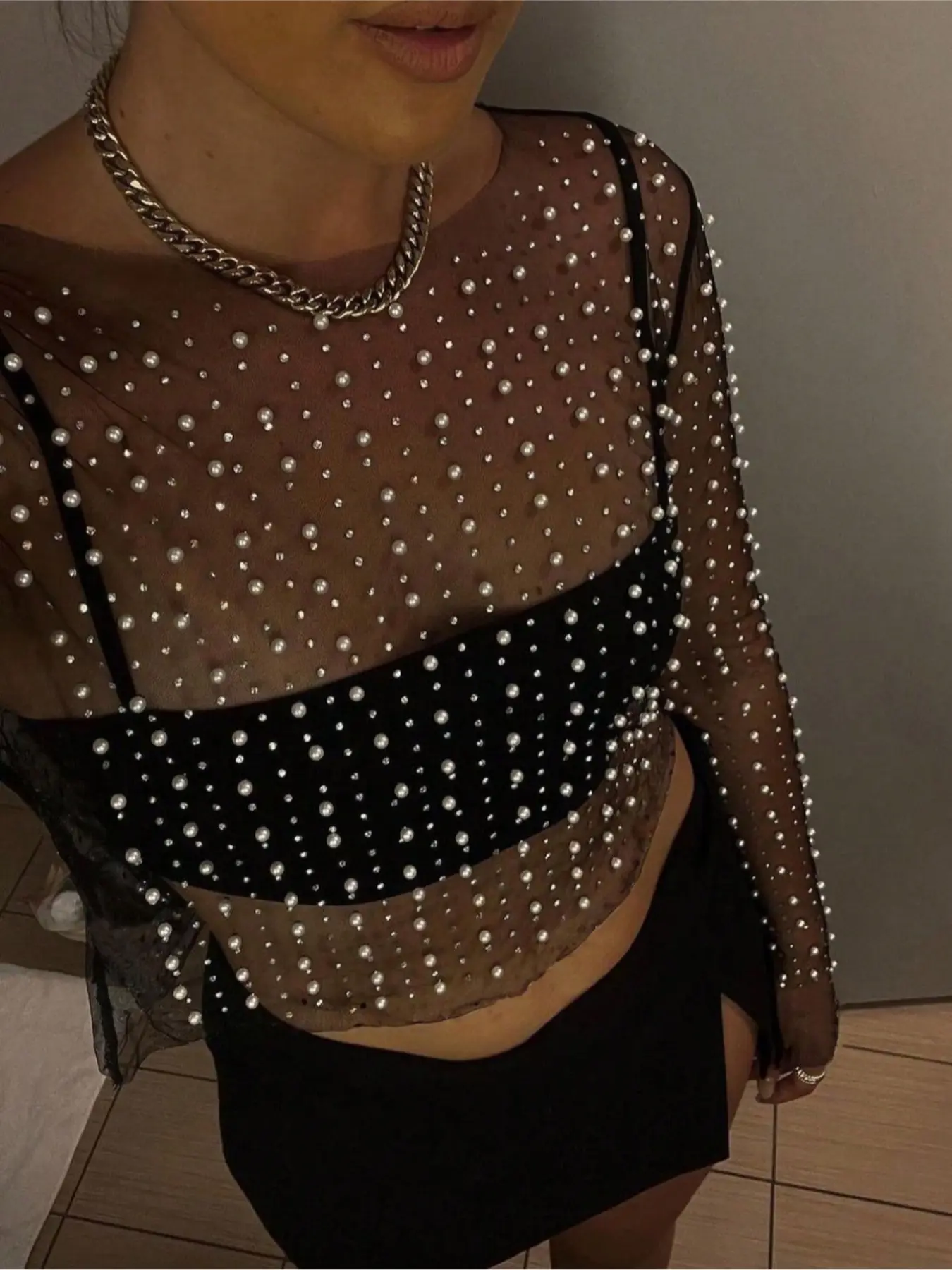 Women's Rhinestone Beaded Long Sleeve Sheer Woven Design Lightweight Fitted Cover-Up Top, Summer Clubwear Elegance Womenswear