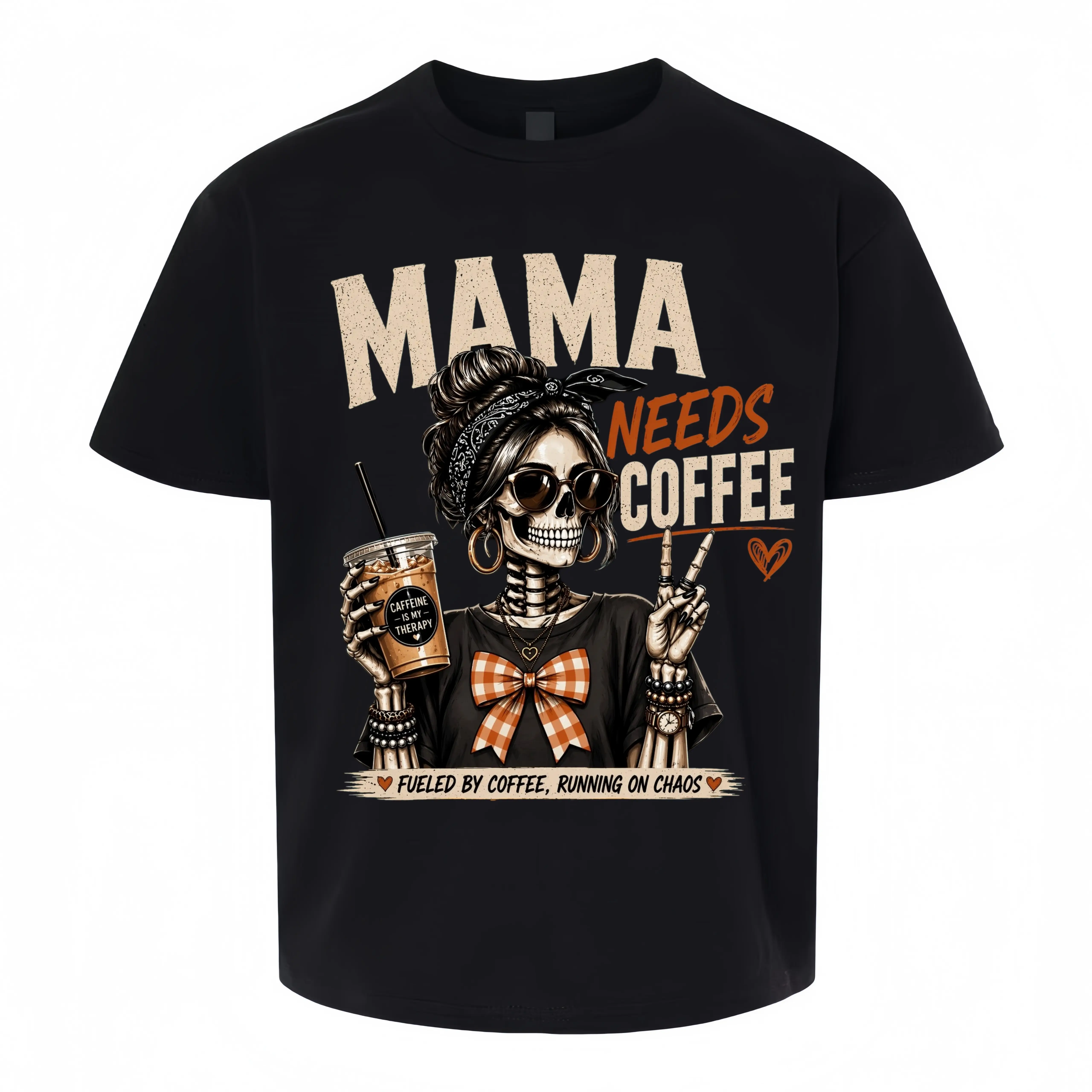 Women's 'Mama Needs Coffee' Graphic T-Shirt, Oversized Vintage Trend Top, Soft Cotton Crew Neck for Casual Wear, Shortsleeve, Valentines Day