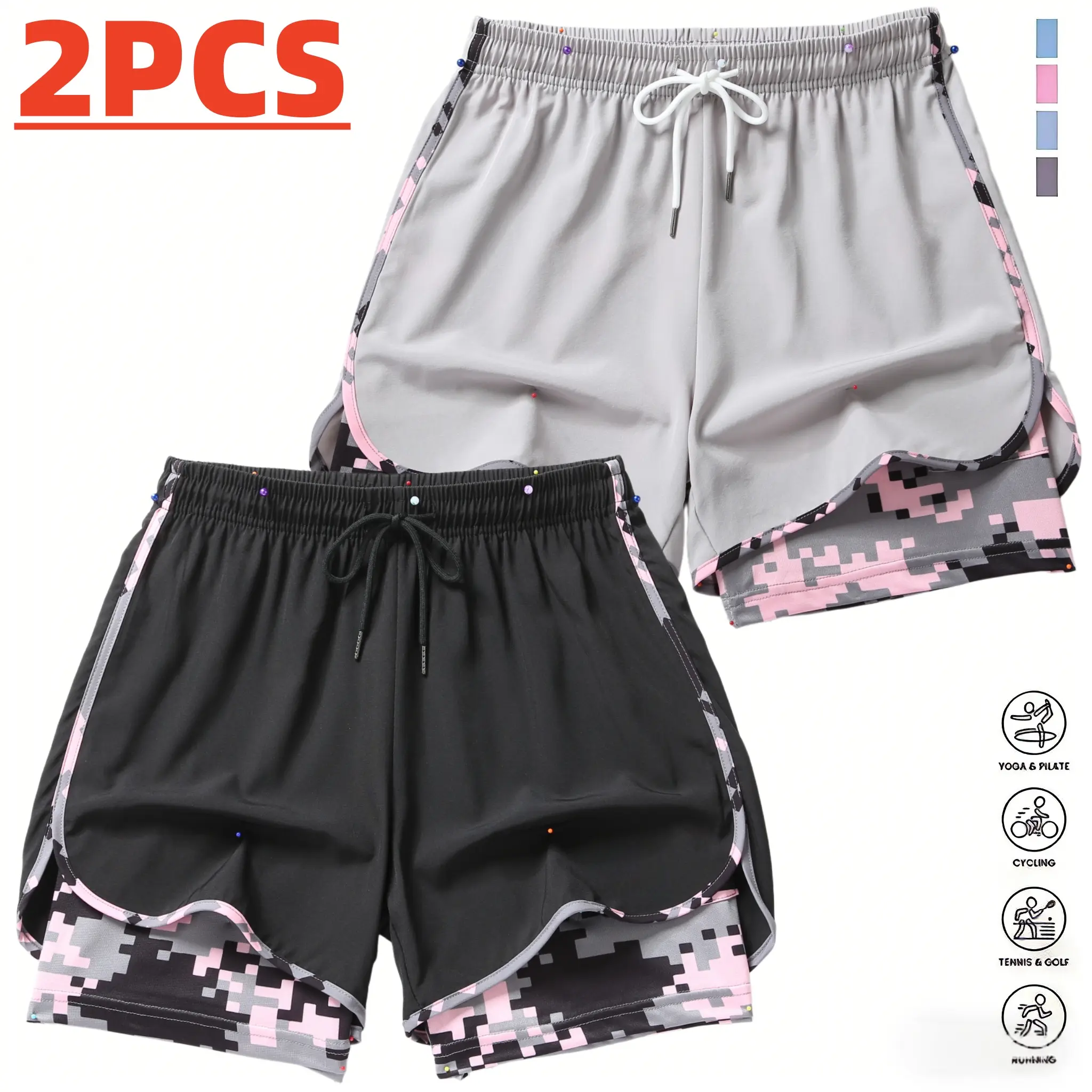 Two pieces of women’s double-layer camouflage shorts in contrasting colors—trendy athletic style with a layered design. Elastic drawstring waistband for easy adjustment and a snug fit, curved hem detailing that shapes the legs. Breathable, stretchy fabric