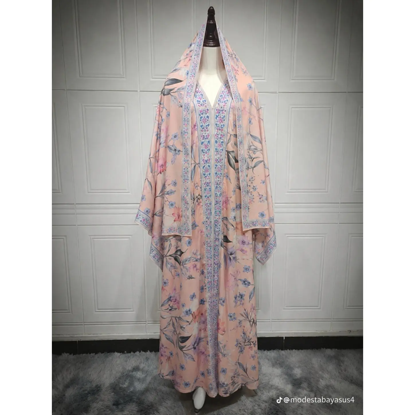 Magenta Pink Accents & Mint Pastel Aqua Sizes 54-60 Long Dress with Floral Pattern