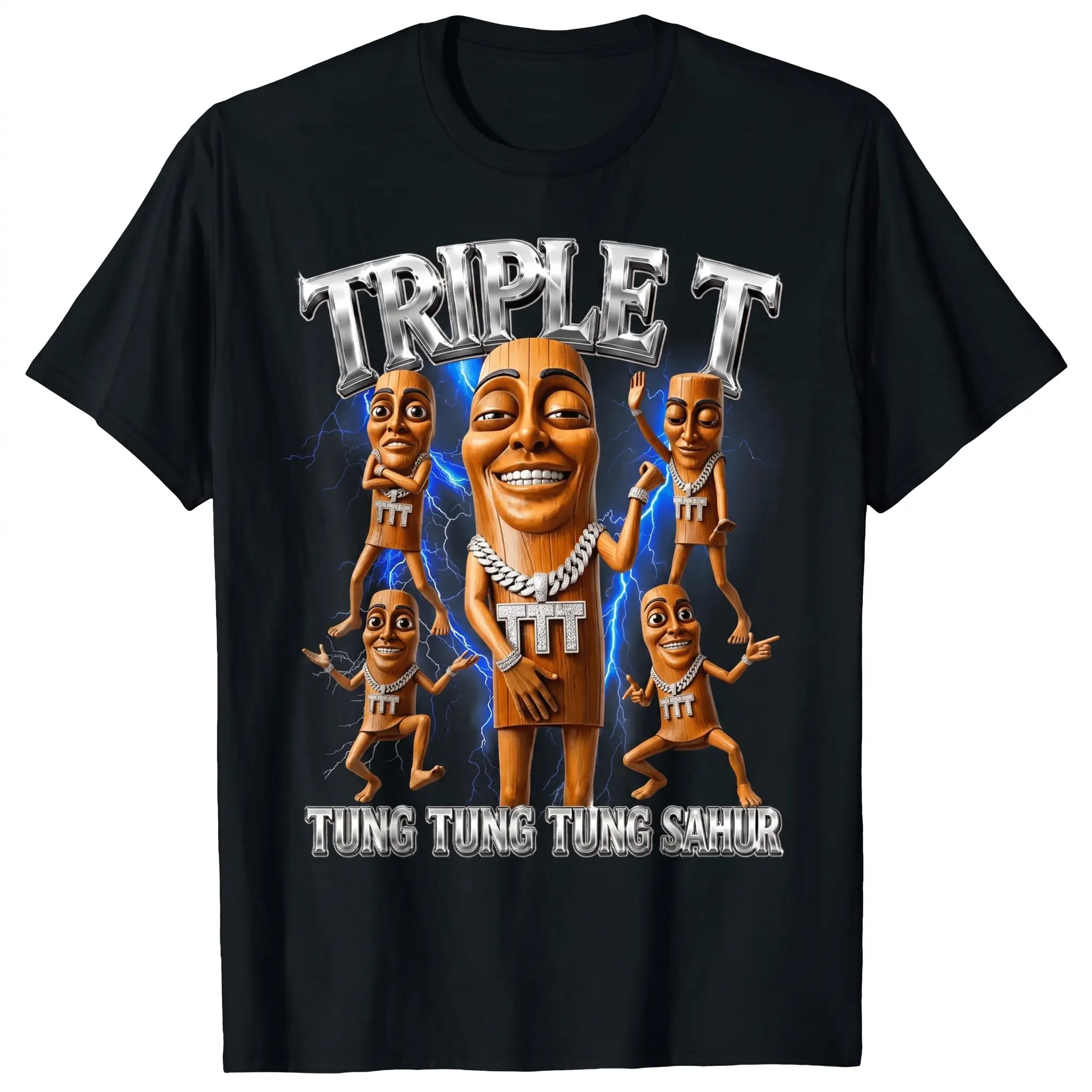 "TRIPLE T" Tung TungTung Sahur Meme Graphic Tee, Retro 90s Bootleg Rap Vibe Menswear, Y2K woman men graphic tee Metallic Chrome Letters Round Neck Shortsleeve Unisex Casual Men's Sports T-Shirt,Cute,,,funny