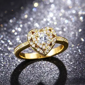 Heart-Shaped Halo Promise Ring for Women, Golden-Tone Pave-Set Statement Band, Timeless Bridal Jewelry Gift for Her, Perfect for Weddings, Anniversaries & Romantic Occasions