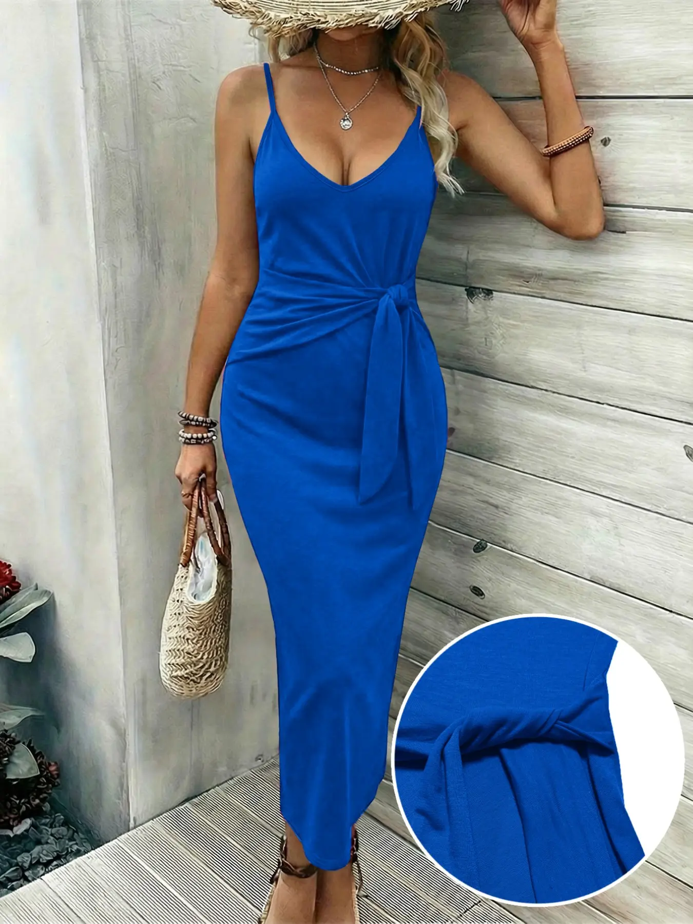 Deep V Backless Long Dress, Sexy Bodycon Split Design Knot, Perfect for Parties & Vacation, Elegant Women's Clothing, Womenswear, Fit
